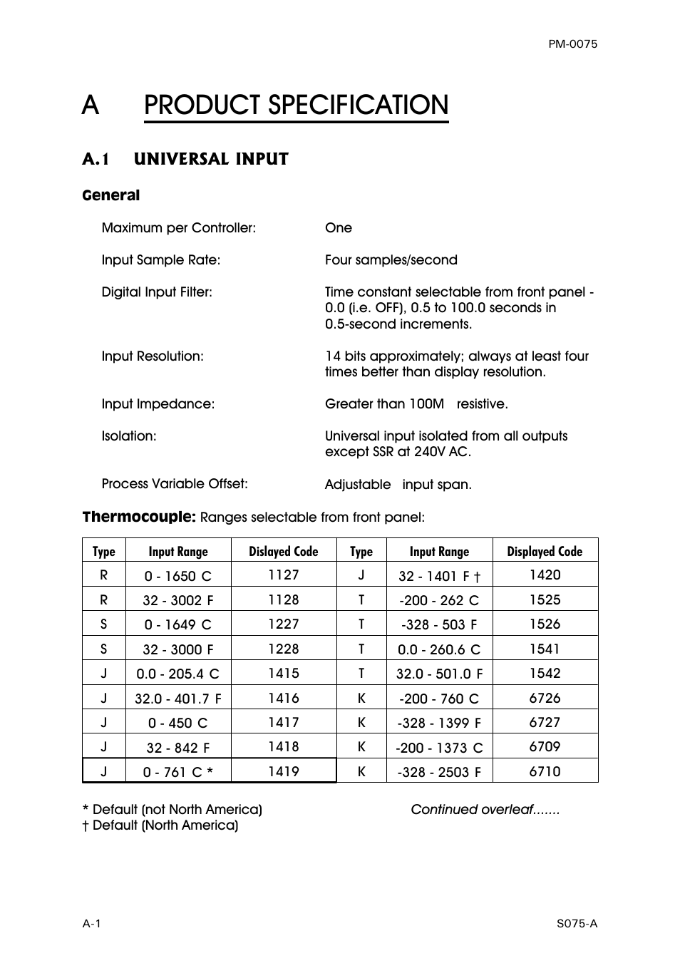 Product specification, Universal input, General | Thermocouple, Aproduct specification | West Control Solutions N6600 User Manual | Page 100 / 114