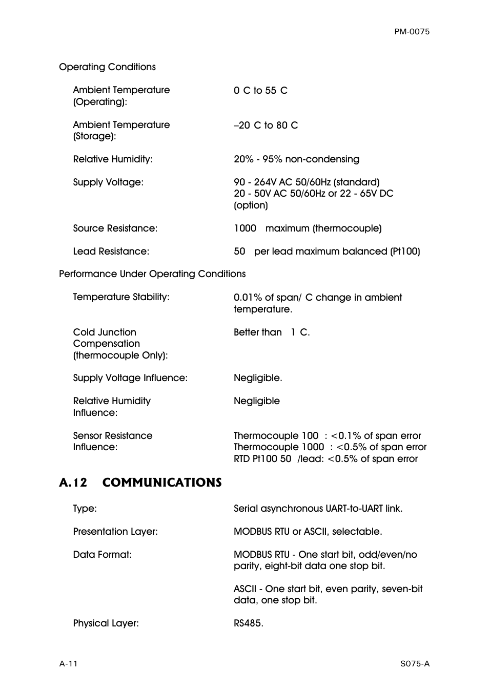 Operating conditions, Performance under operating conditions, Communications | A-11 | West Control Solutions N6600 User Manual | Page 110 / 114