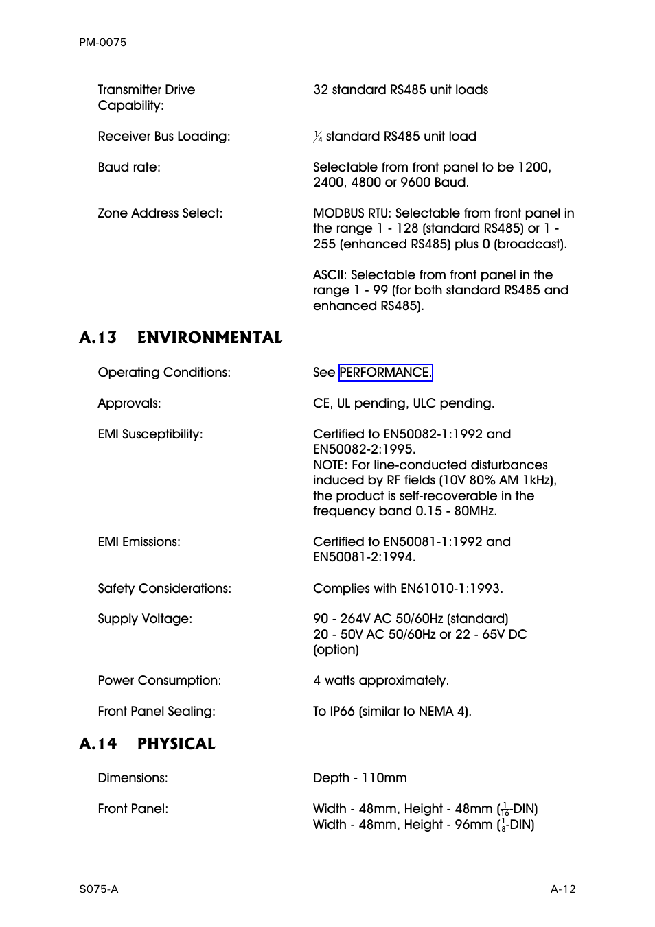 Environmental, Physical, A-12 | A.13 environmental, A.14 physical | West Control Solutions N6600 User Manual | Page 111 / 114