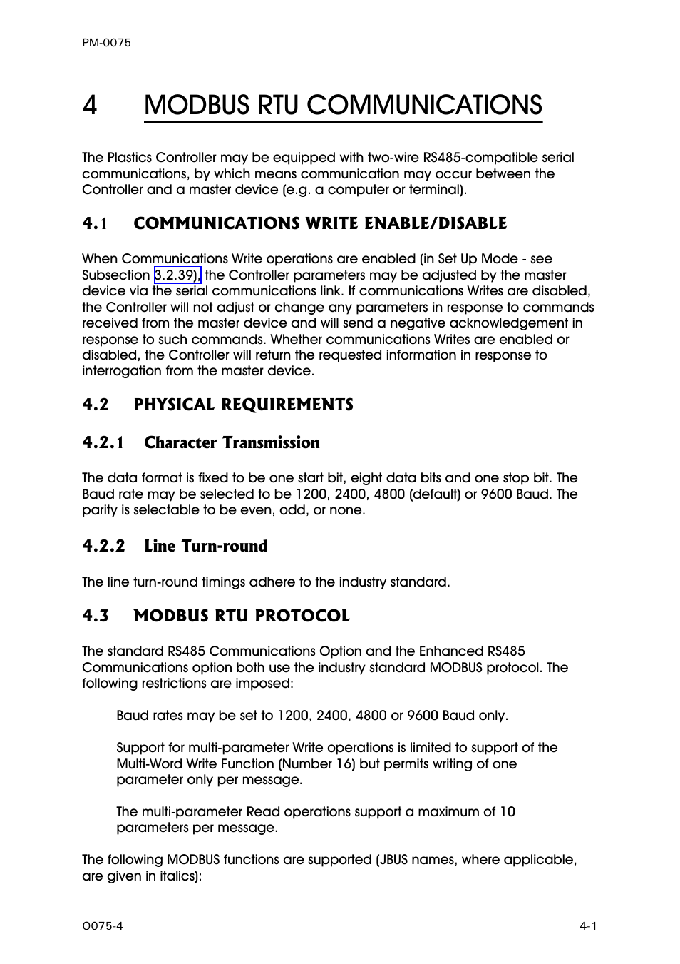 Modbus rtu communications, Communications write enable/disable, Physical requirements | Character transmission, Line turn-round, Modbus rtu protocol, 4modbus rtu communications | West Control Solutions N6600 User Manual | Page 37 / 114