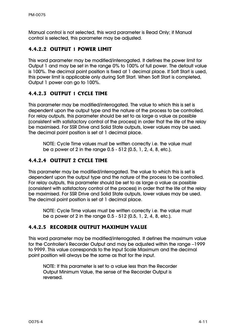 Output 1 power limit - word parameter 20, Output 1 cycle time - word parameter 10, Output 2 cycle time - word parameter 19 | Recorder output maximum value - word parameter 27 | West Control Solutions N6600 User Manual | Page 47 / 114