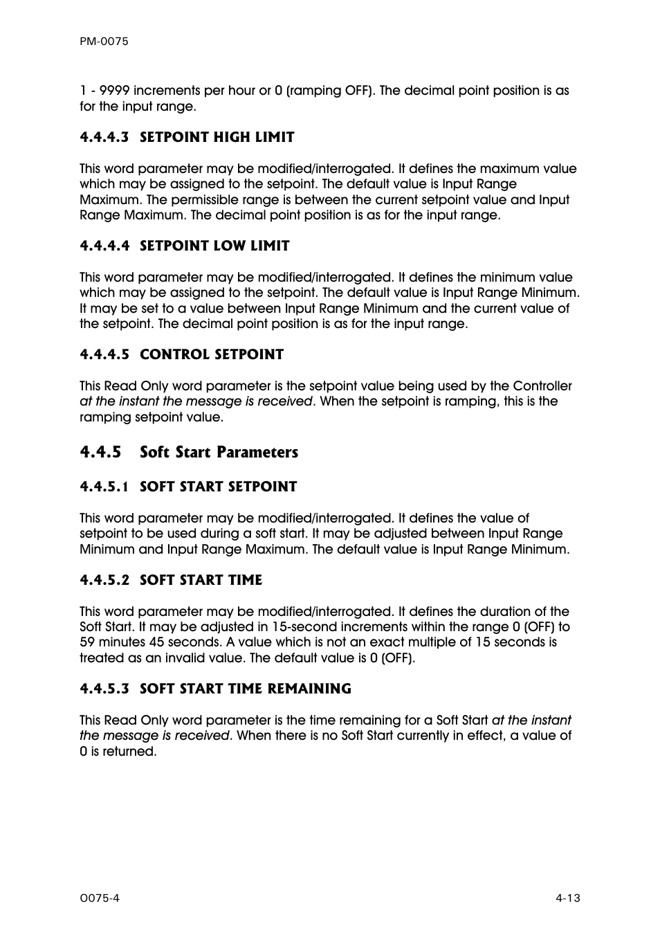 Setpoint high limit - word parameter 22, Setpoint low limit - word parameter 23, Control setpoint - word parameter 21 | Soft start parameters, Soft start setpoint - word parameter 37, Soft start time - word parameter 38, Soft start time remaining - word parameter 39 | West Control Solutions N6600 User Manual | Page 49 / 114