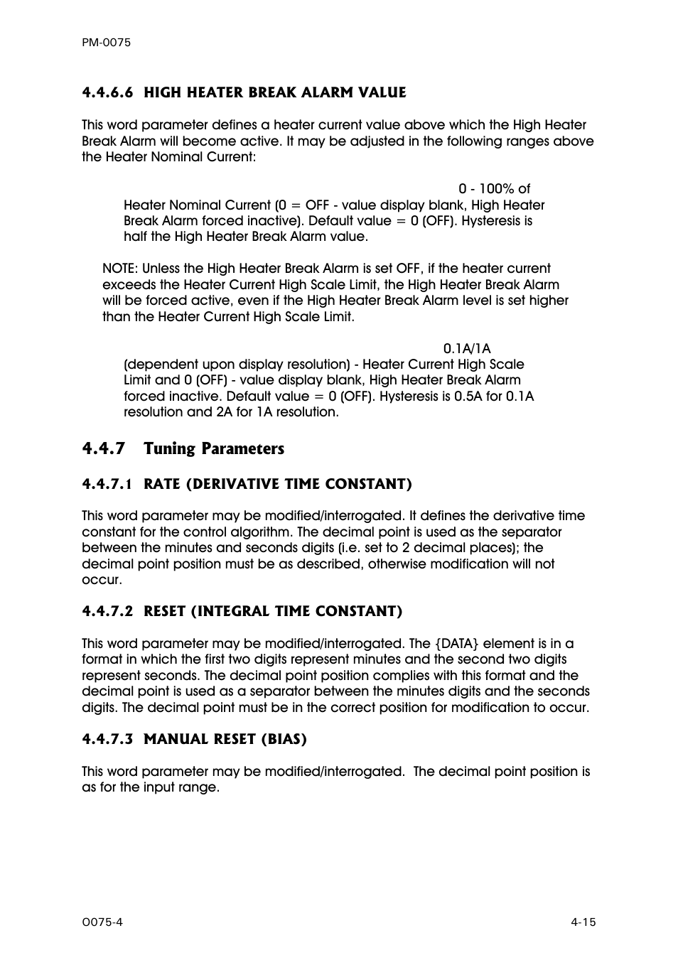 High heater break alarm value - word parameter 32, Tuning parameters, Rate (derivative time constant) - word parameter 9 | Reset (integral time constant) - word parameter 8, Manual reset (bias) - word parameter 15 | West Control Solutions N6600 User Manual | Page 51 / 114
