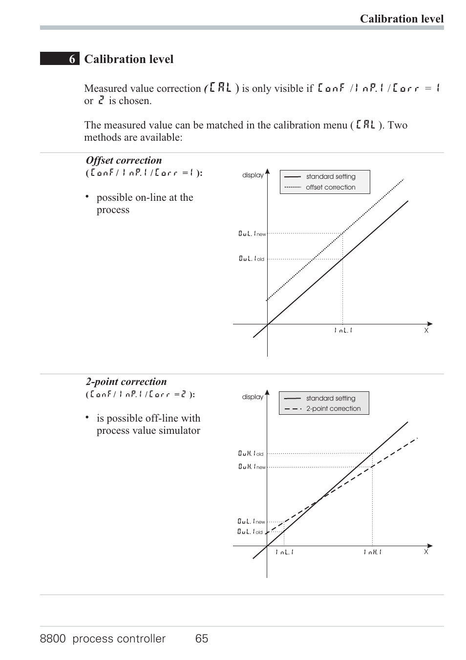 3 input scaling 65, 1 input inp.1 and inp.3 65, Parameters 65 | 6calibration level, Cal), Measured value correction | West Control Solutions N8800 User Manual | Page 65 / 88