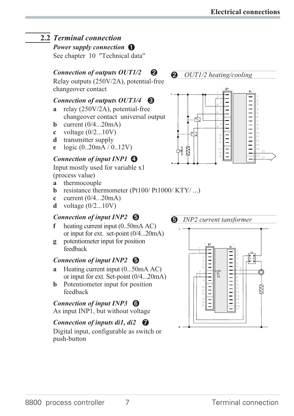 2 electrical connections 7, 1 connecting diagram 7, Connecting diagram 7 | 2 terminal connection, 2 out1/2 heating/cooling, 5 inp2 current tansformer | West Control Solutions N8800 User Manual | Page 7 / 88