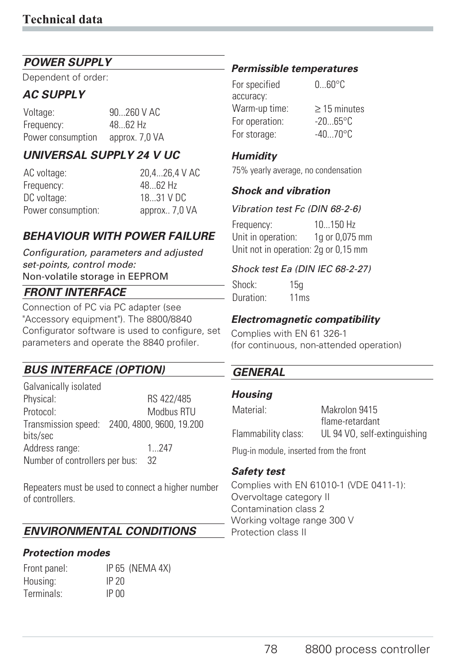 10 technical data 78, Technical data 78, Current signal measuring range 78 | Resistance thermometer measuring range 78, Thermocouple measuring range 78, Voltage signal measuring range 78, Technical data | West Control Solutions N8800 User Manual | Page 78 / 88