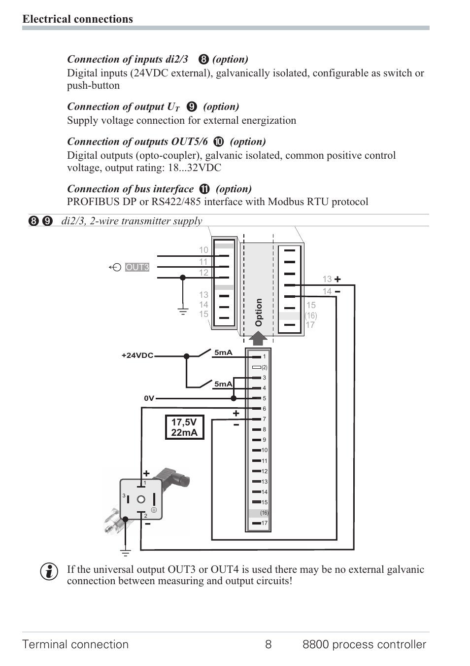 2 terminal connection 8, Inp2 current transformer 8, Out1/2 heating/cooling 8 | West Control Solutions N8800 User Manual | Page 8 / 88