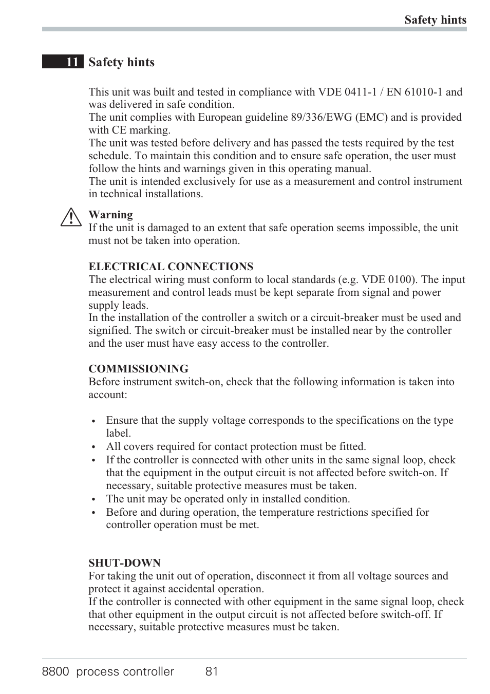 11 safety hints 81, Technical data 81, Environmental conditions 81 | Safety test 81 | West Control Solutions N8800 User Manual | Page 81 / 88