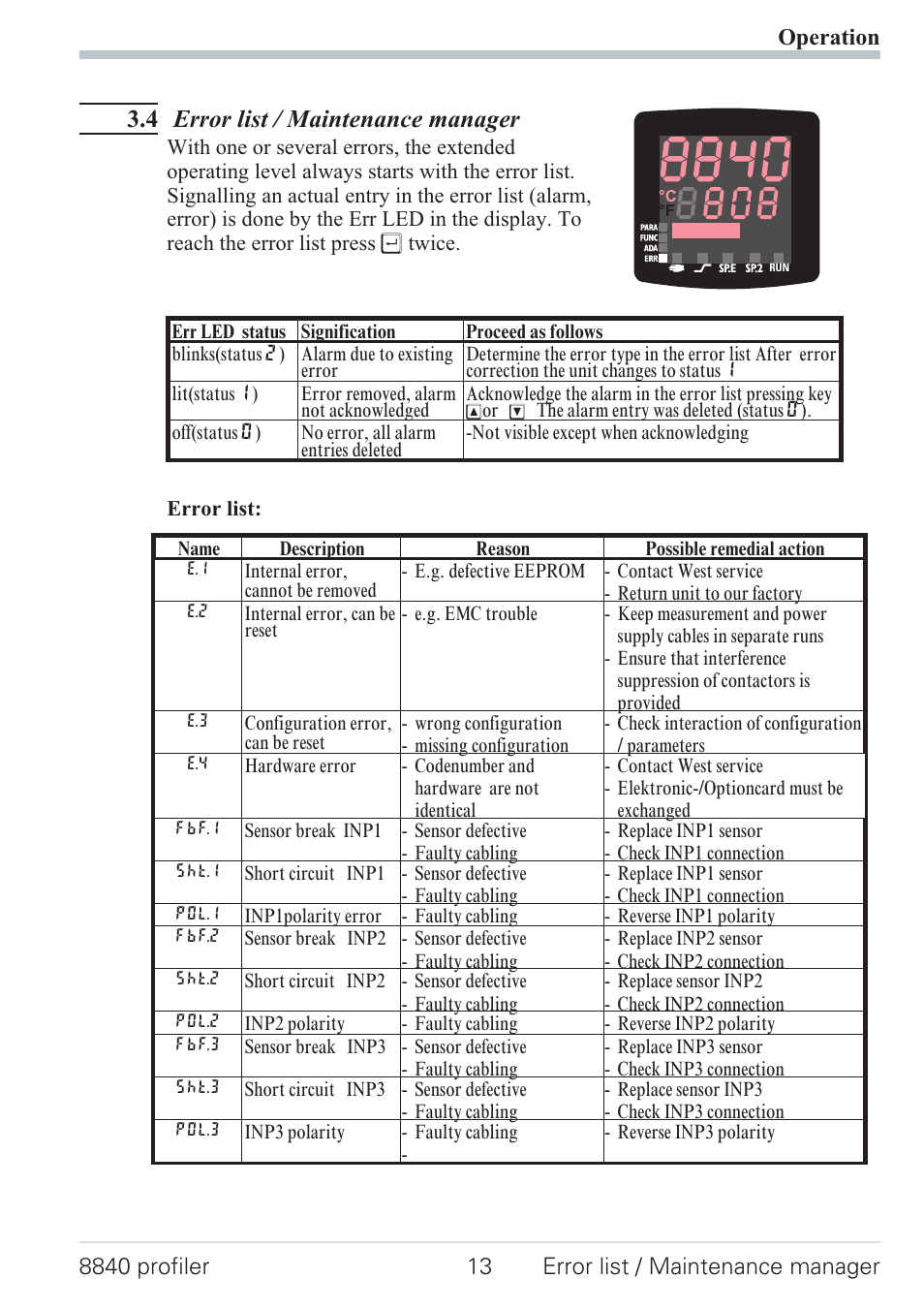 4 error list / maintenance manager 13, Error list 13, Mainenance manager 13 - 14 | 4 error list / maintenance manager | West Control Solutions N8840 User Manual | Page 13 / 90