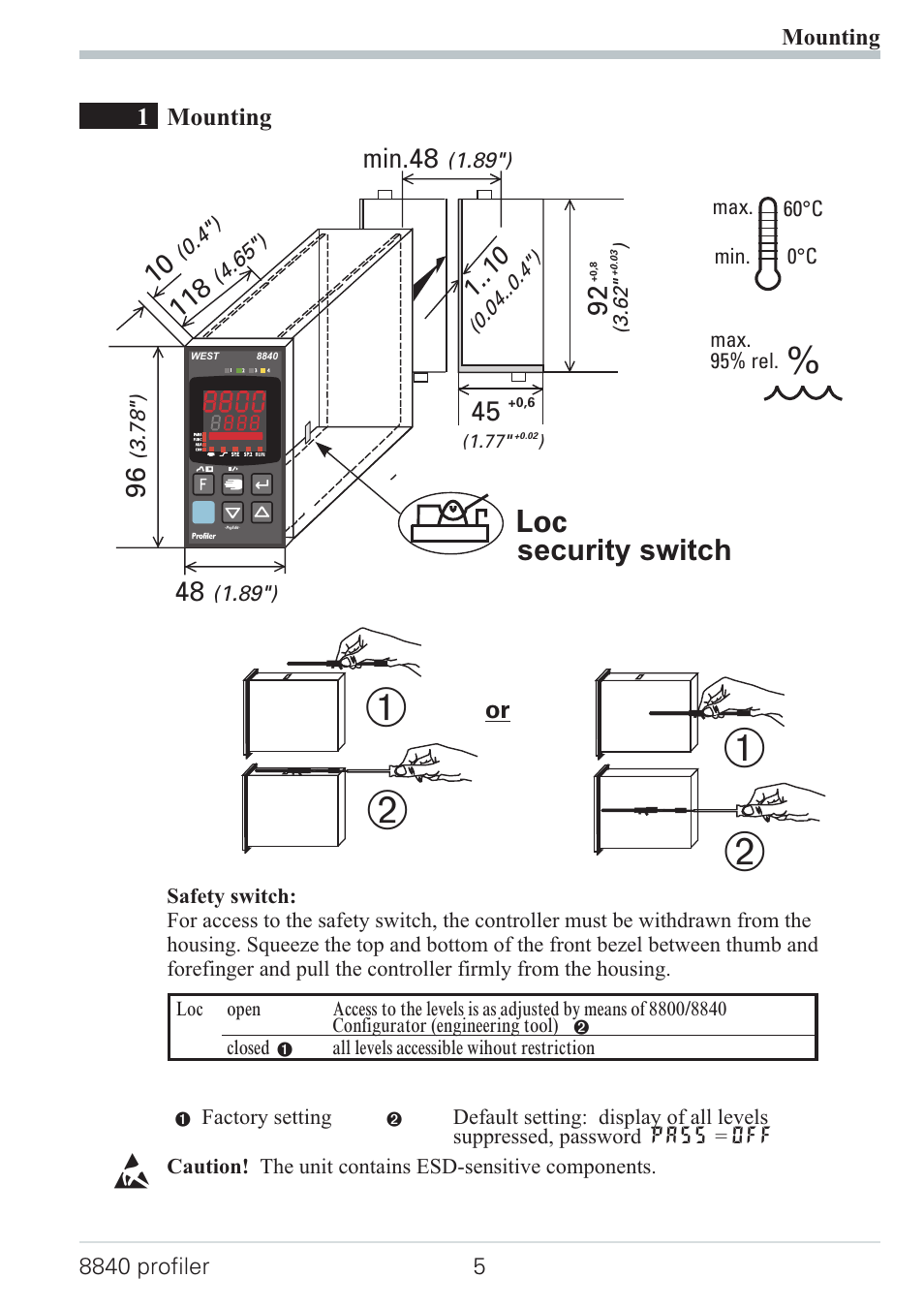 Mounting 5, Safety switch 5, Ь * ь | Security switch, Min.48 | West Control Solutions N8840 User Manual | Page 5 / 90