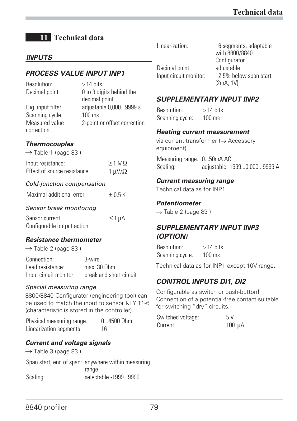 Technical data 79, Current signal measuring range 79, Resistance thermometer measuring range 79 | Thermocouple measuring range 79, Voltage signal measuring range 79, 11 technical data, Technical data | West Control Solutions N8840 User Manual | Page 79 / 90