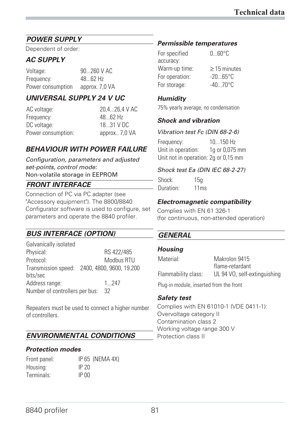 Technical data 81, Environmental conditions 81, Power supply 81 | Safety test 81, Technical data | West Control Solutions N8840 User Manual | Page 81 / 90