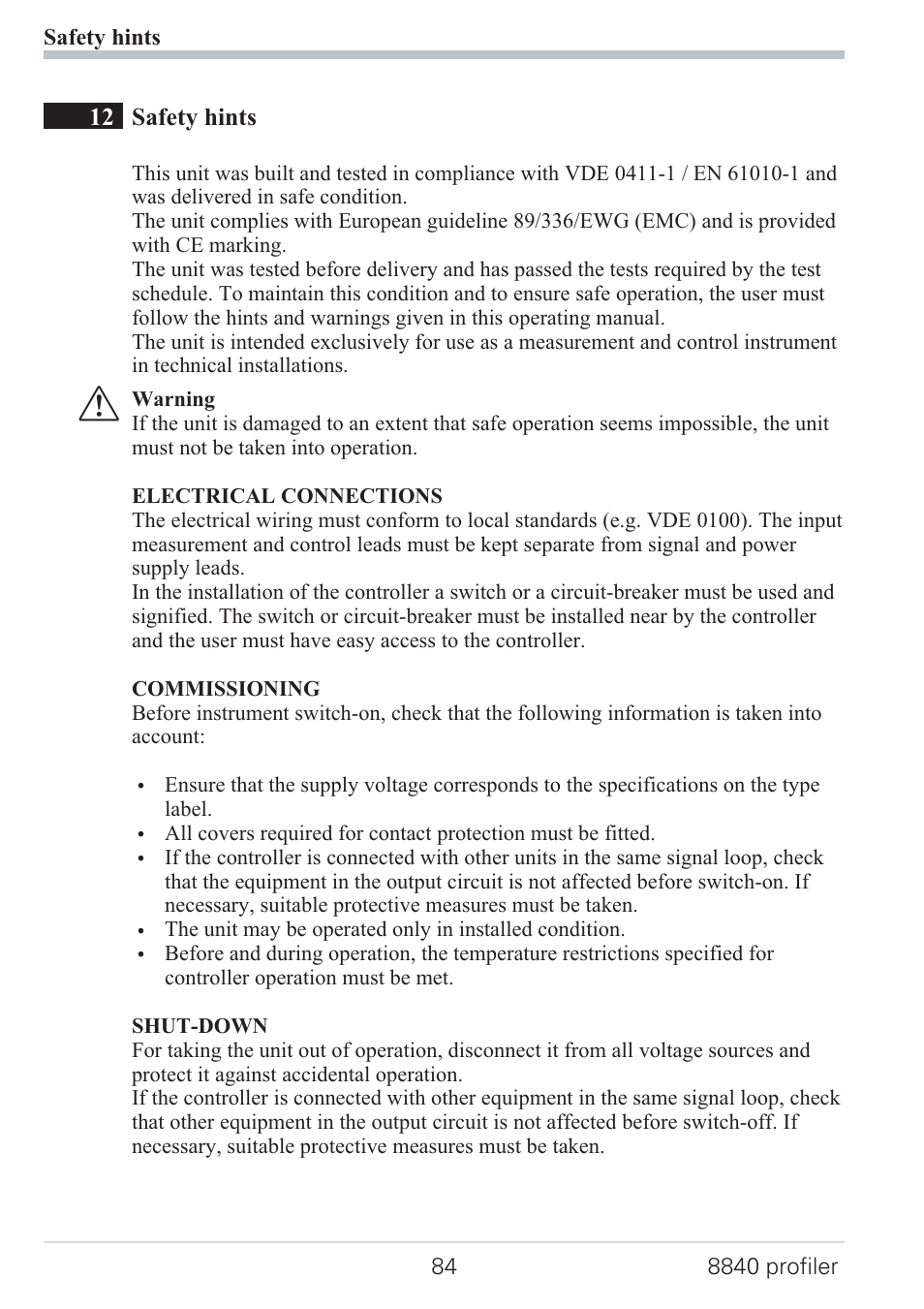 Safety hints 84, Safety hints 84 - 85 | West Control Solutions N8840 User Manual | Page 84 / 90