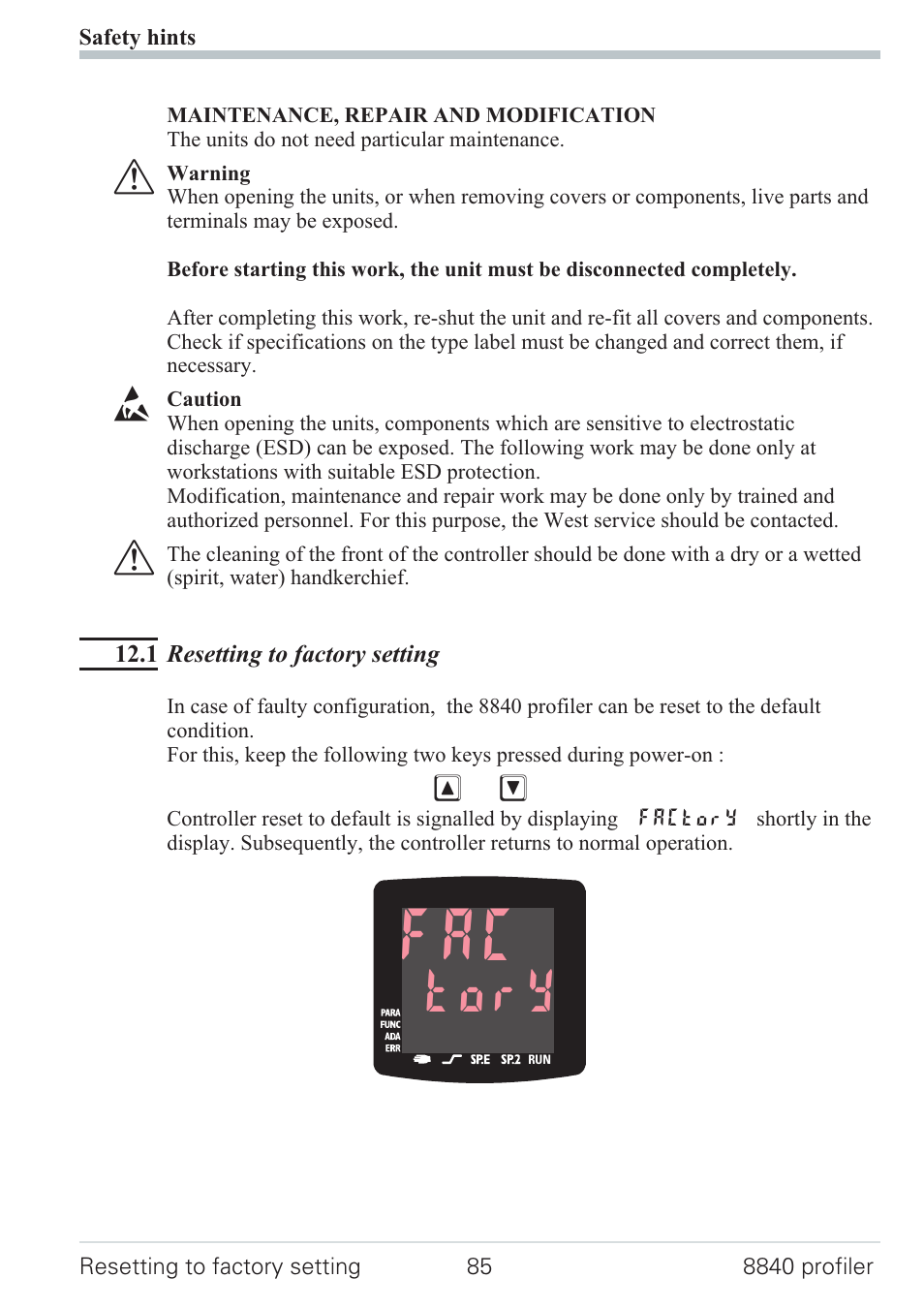 1 resetting to factory setting 85, Resetting to factory setting 85, Tory | West Control Solutions N8840 User Manual | Page 85 / 90