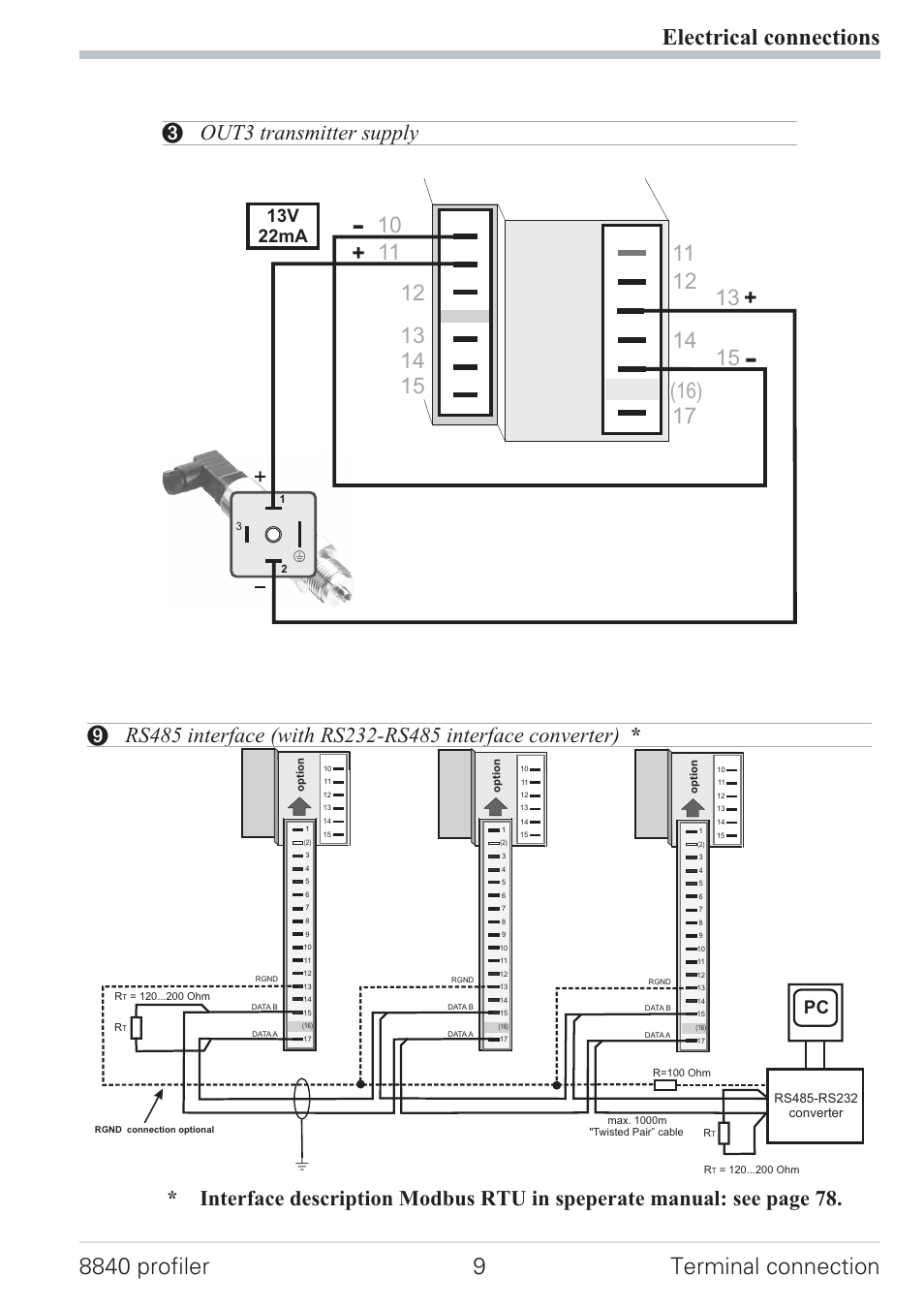 Out3 transmitter supply 9, Rs485 interface 9, 13v 22ma | West Control Solutions N8840 User Manual | Page 9 / 90
