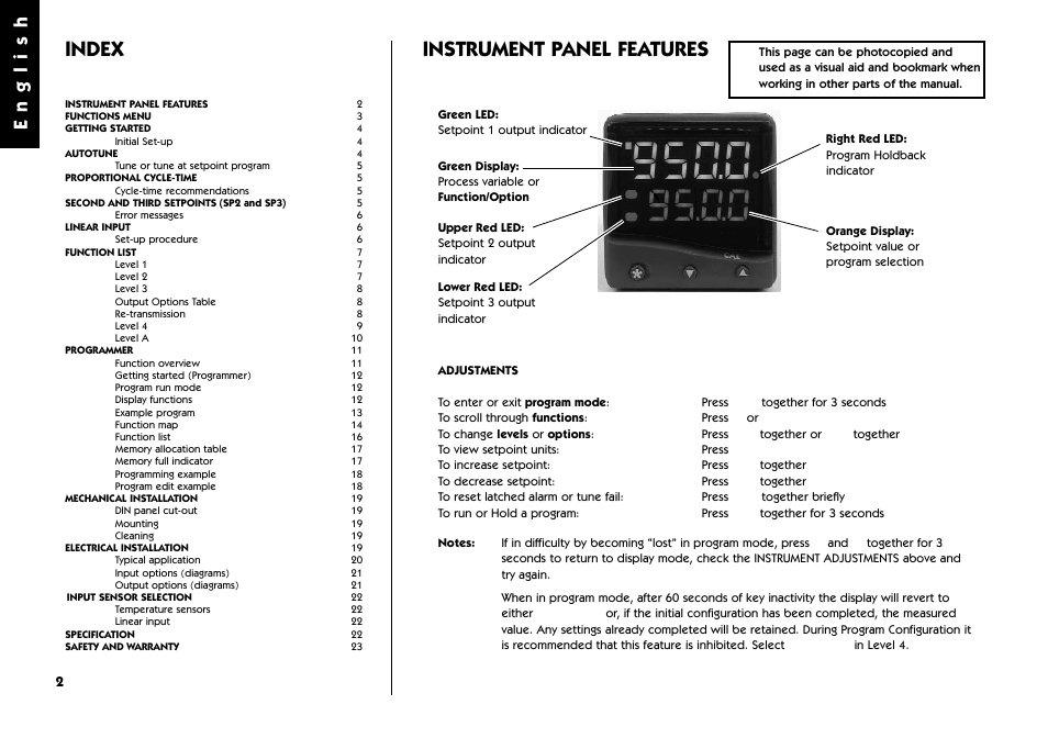 Index, Instrument panel features, Index instrument panel features | English | West Control Solutions 9500 User Manual | Page 2 / 24