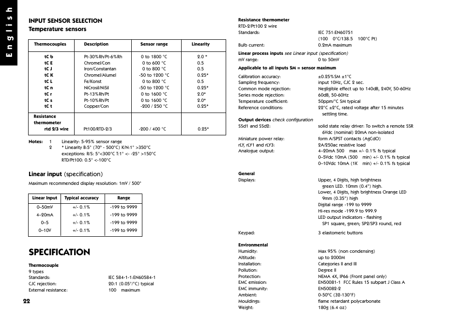 Input sensor selection, Temperature sensors, Linear input | Specification, English | West Control Solutions 9500 User Manual | Page 22 / 24
