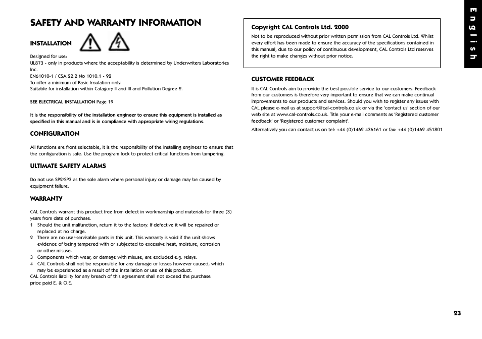 Safety and warranty information, Safety and warranty, English | West Control Solutions 9500 User Manual | Page 23 / 24