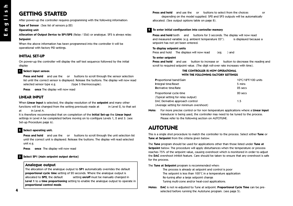Getting started, Autotune, Initial set-up | English | West Control Solutions 9500 User Manual | Page 4 / 24