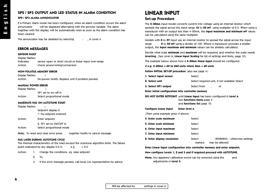 Linear input, Error messages, Set-up procedure | English | West Control Solutions 9500 User Manual | Page 6 / 24