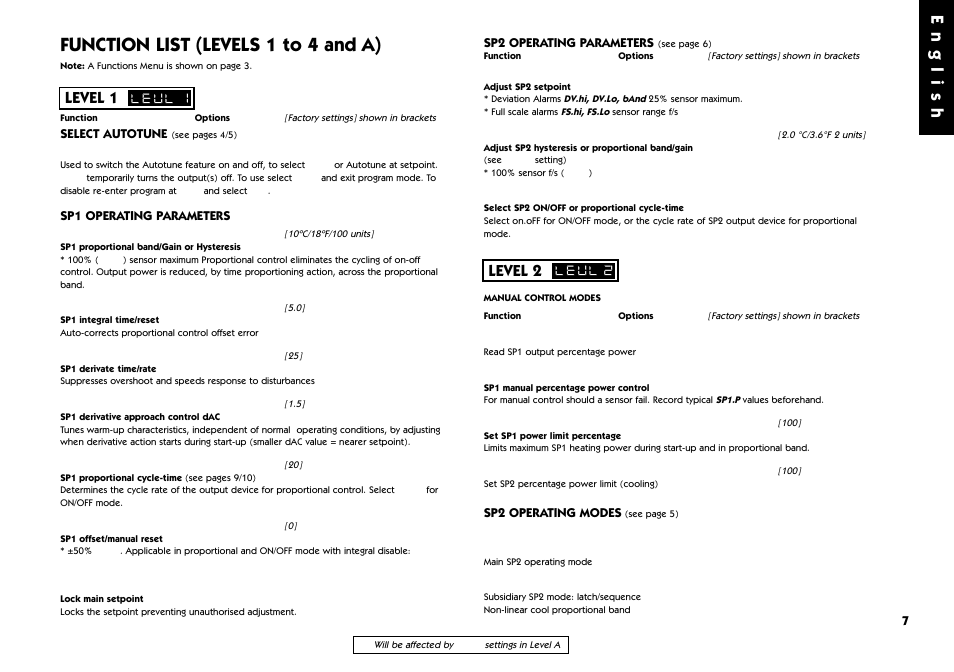 Function list (levels 1 to 4 and a), Function list, Level 1 | Level 2, English | West Control Solutions 9500 User Manual | Page 7 / 24