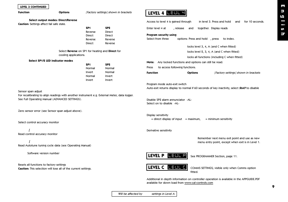 Level 3, Output options table, Re-transmission | Level 4, English, Level p, Level c | West Control Solutions 9500 User Manual | Page 9 / 24