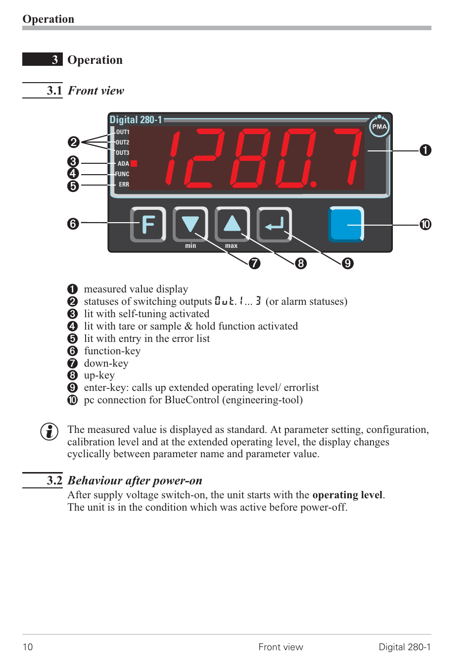 3 operation 10, 1 front view 10, 2 behaviour after power-on 10 | Front view 10, Frontansicht 10, Ada - led 10, Err - led 10, Ì - led 10, Sp.x - led 10 | West Control Solutions D280-1 User Manual | Page 10 / 49