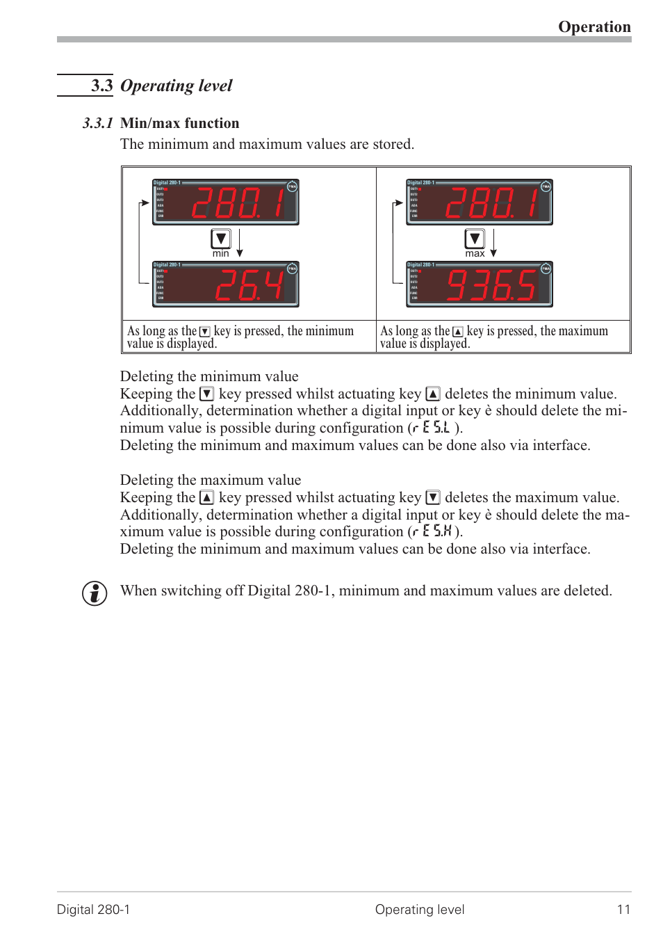 3 operating level 11, 1 min/max function 11, 3 operating level | Operation, As long as the, Key is pressed, the maximum value is displayed | West Control Solutions D280-1 User Manual | Page 11 / 49