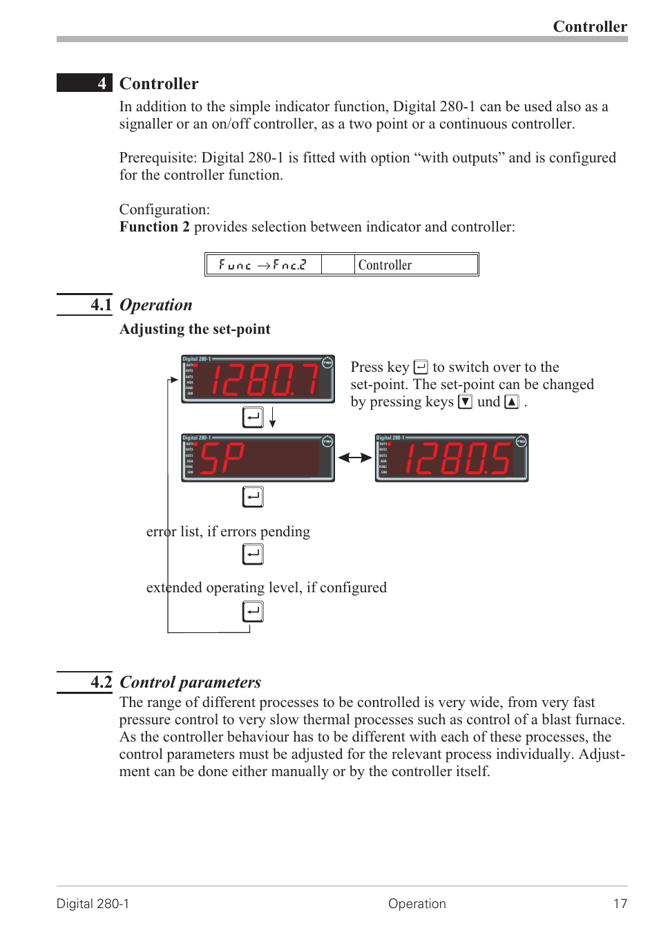 4 controller 17, 1 operation 17, 2 control parameters 17 | 4controller, 1 operation, 2 control parameters, Controller, Func r fnc.2 | West Control Solutions D280-1 User Manual | Page 17 / 49