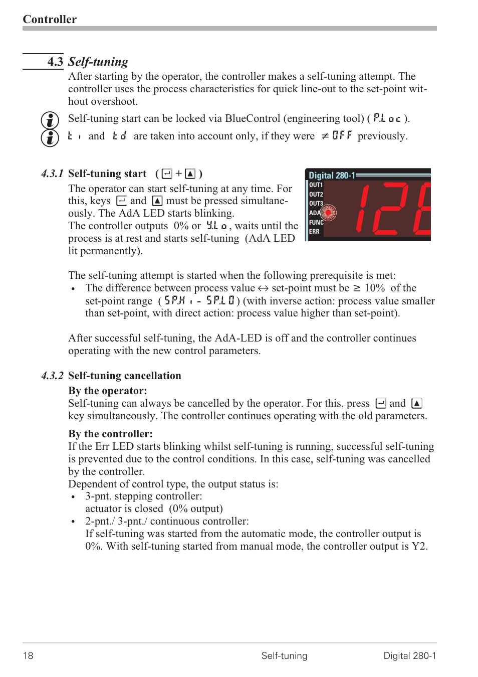 3 self-tuning 18, 1 self-tuning start ( щ + и ) 18, 2 self-tuning cancellation 18 | Start 18, Cancelation 18, 3 self-tuning | West Control Solutions D280-1 User Manual | Page 18 / 49