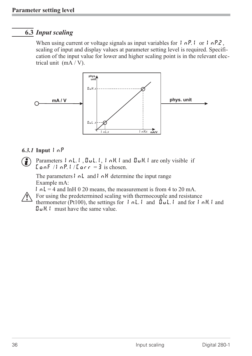 3 input scaling 36, 1 input inp 36, Input scaling 36 | 3 input scaling, Parameter setting level | West Control Solutions D280-1 User Manual | Page 36 / 49