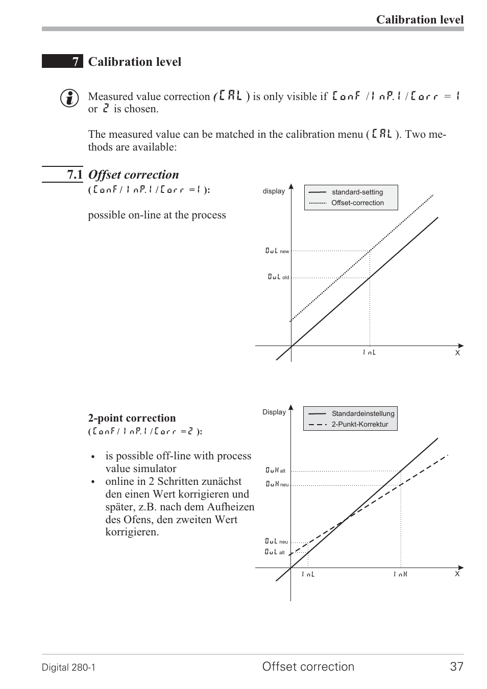 7 calibration level 37, 1 offset correction 37, Point correction 37 | Calibration (cal) 37, Calibration level (cal) 37 - 39, Offset correction 37 - 39, 7calibration level, Cal), 1 offset correction, Calibration level | West Control Solutions D280-1 User Manual | Page 37 / 49