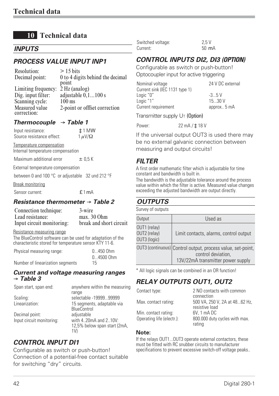 10 technical data 42, Technical data 42, 10 technical data | Technical data, Inputs process value input inp1, Control input di1, Control inputs di2, di3 (option), Filter, Outputs, Relay outputs out1, out2 | West Control Solutions D280-1 User Manual | Page 42 / 49