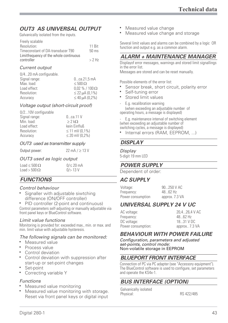 Technical data 43, Technical data, Out3 as universal output | Functions, Alarm + maintenance manager, Display, Power supply, Ac supply, Universal supply 24 v uc, Behaviour with power failure | West Control Solutions D280-1 User Manual | Page 43 / 49