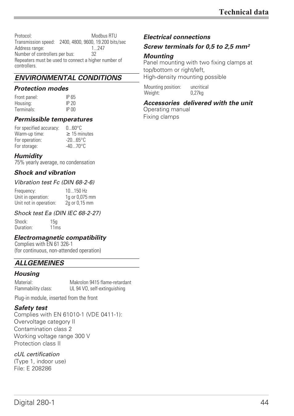 Safety test 44, Technical data, Environmental conditions | Allgemeines | West Control Solutions D280-1 User Manual | Page 44 / 49