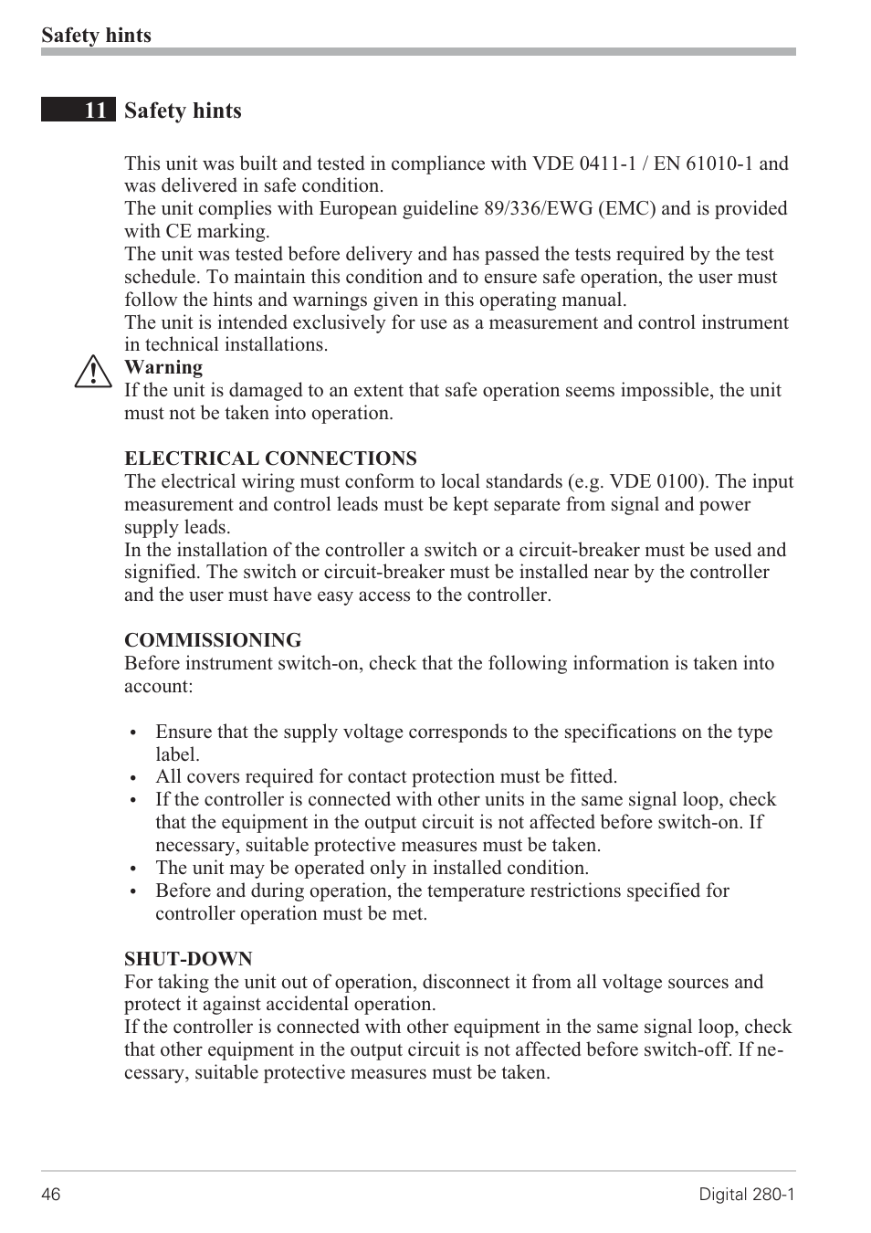 11 safety hints 46, Safety hints 46 - 47 | West Control Solutions D280-1 User Manual | Page 46 / 49