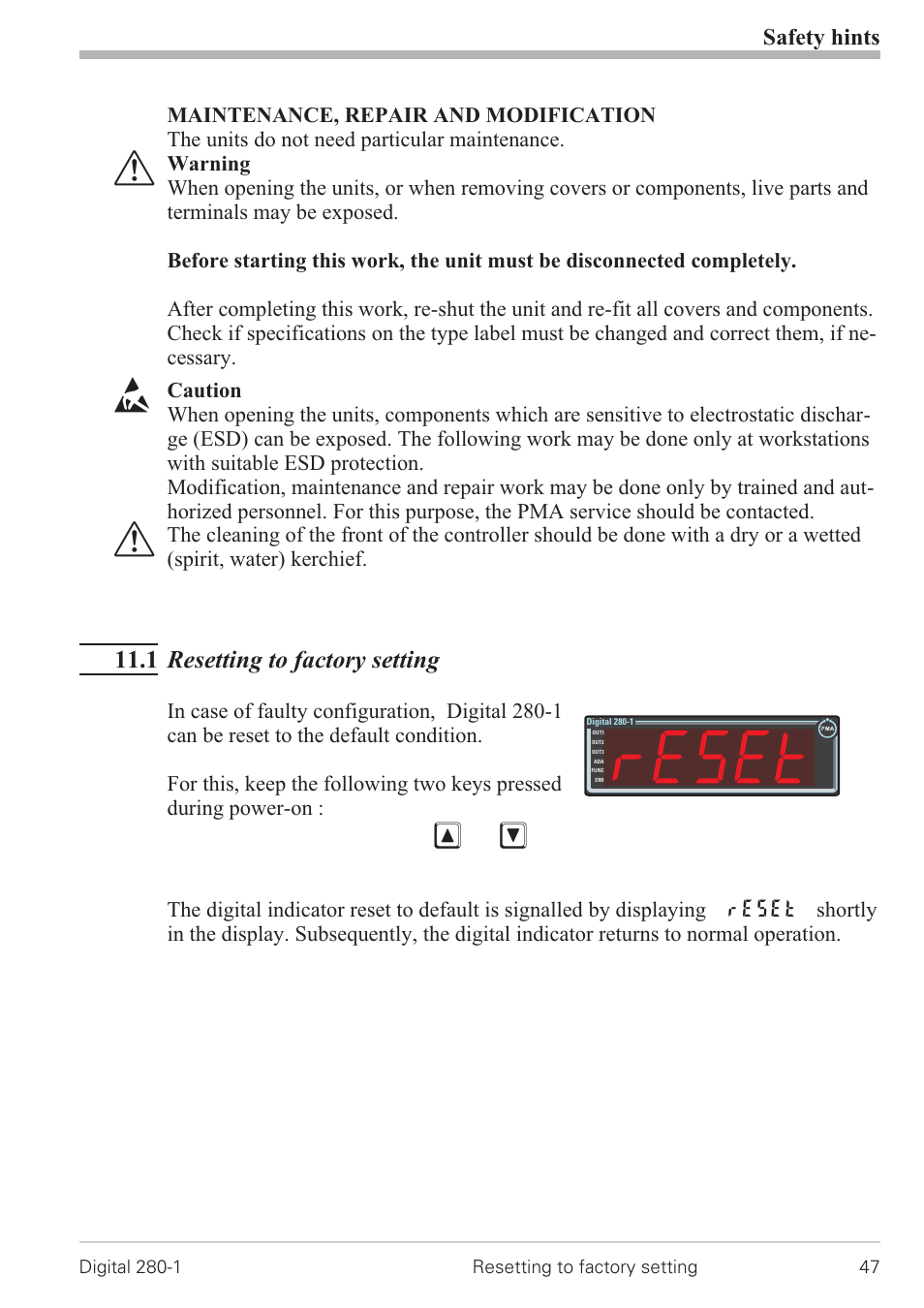 1 resetting to factory setting 47, Resetting to factory setting 47, 1 resetting to factory setting | Safety hints | West Control Solutions D280-1 User Manual | Page 47 / 49