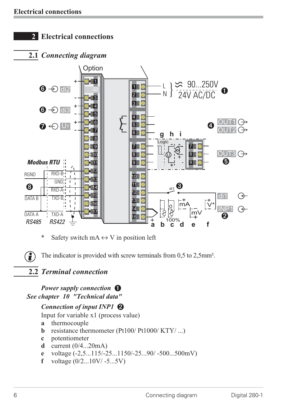 2 electrical connections 6, 1 connecting diagram 6, 2 terminal connection 6 | Connecting diagram 6, 90 v 24v ac/dc, 2electrical connections 2.1 connecting diagram, 2 terminal connection, Electrical connections | West Control Solutions D280-1 User Manual | Page 6 / 49