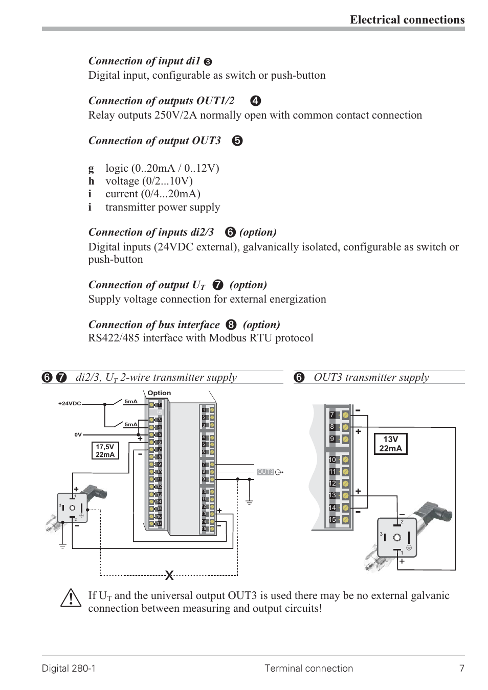 Di2/3, 2-wire transmitter supply 7, Out3 transmitter supply 7, Electrical connections | Connection of input di1, If u, 6 7 di2/3, u, Wire transmitter supply, 6 out3 transmitter supply | West Control Solutions D280-1 User Manual | Page 7 / 49