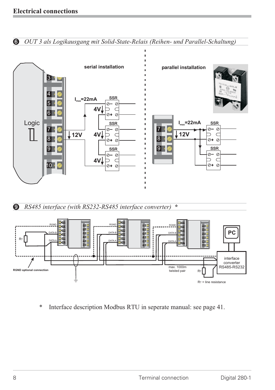 Out3 als logikausgang 8, Rs485 interface 8, Electrical connections | Logic, 4v 12v, Serial installation, I=22ma, Parallel installation | West Control Solutions D280-1 User Manual | Page 8 / 49