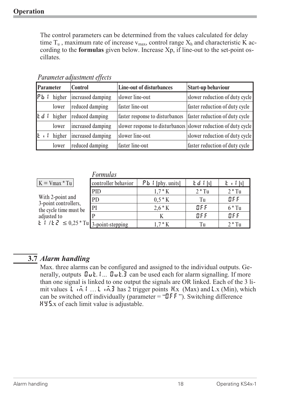 7 alarm handling 18, Alarm handling 18 - 19, 7 alarm handling | Formulas, Parameter adjustment effects, Operation | West Control Solutions KS 42-1 User Manual | Page 18 / 60
