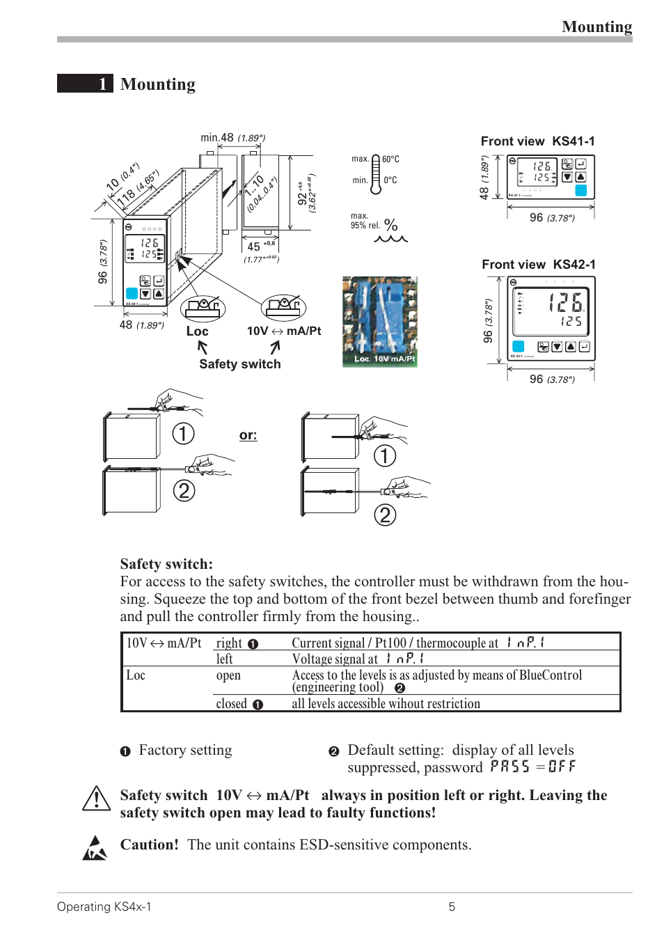 1 mounting 5, Mounting 5, Safety switch 5 | Ь * ь, 1mounting, Mounting, Factory setting, 10v i ma/pt right, Closed, All levels accessible wihout restriction | West Control Solutions KS 42-1 User Manual | Page 5 / 60