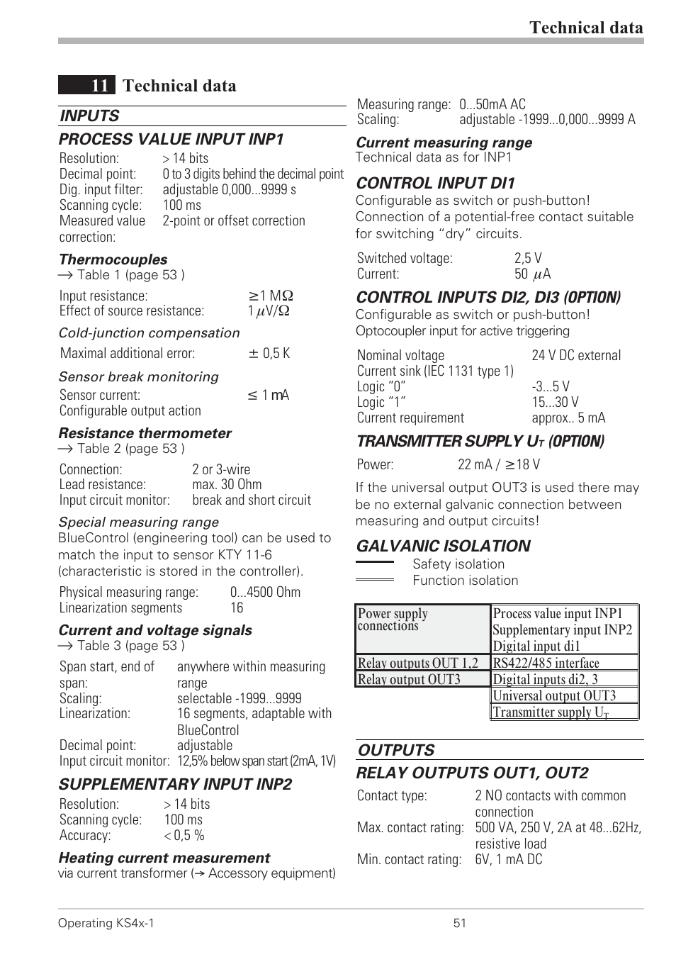 11 technical data 51, Technical data 51, Current signal measuring range 51 | Resistance thermometer measuring range 51, Thermocouple measuring range 51, Voltage signal measuring range 51, 11 technical data, Technical data | West Control Solutions KS 42-1 User Manual | Page 51 / 60