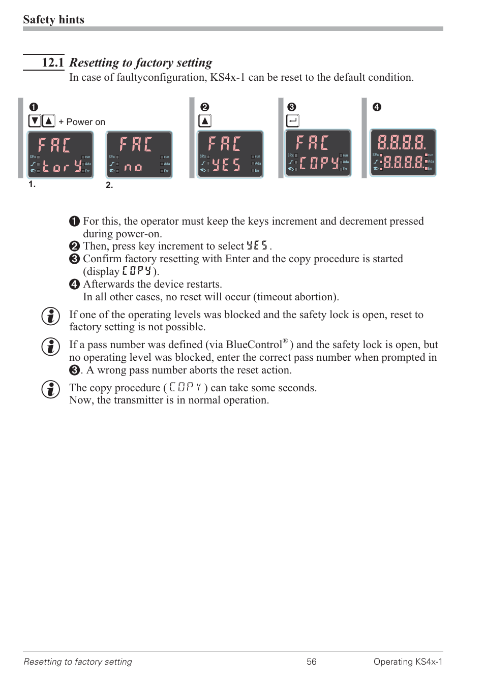 1 resetting to factory setting 56, Resetting to factory setting 56, Tory | Copy, 1 resetting to factory setting, Safety hints | West Control Solutions KS 42-1 User Manual | Page 56 / 60