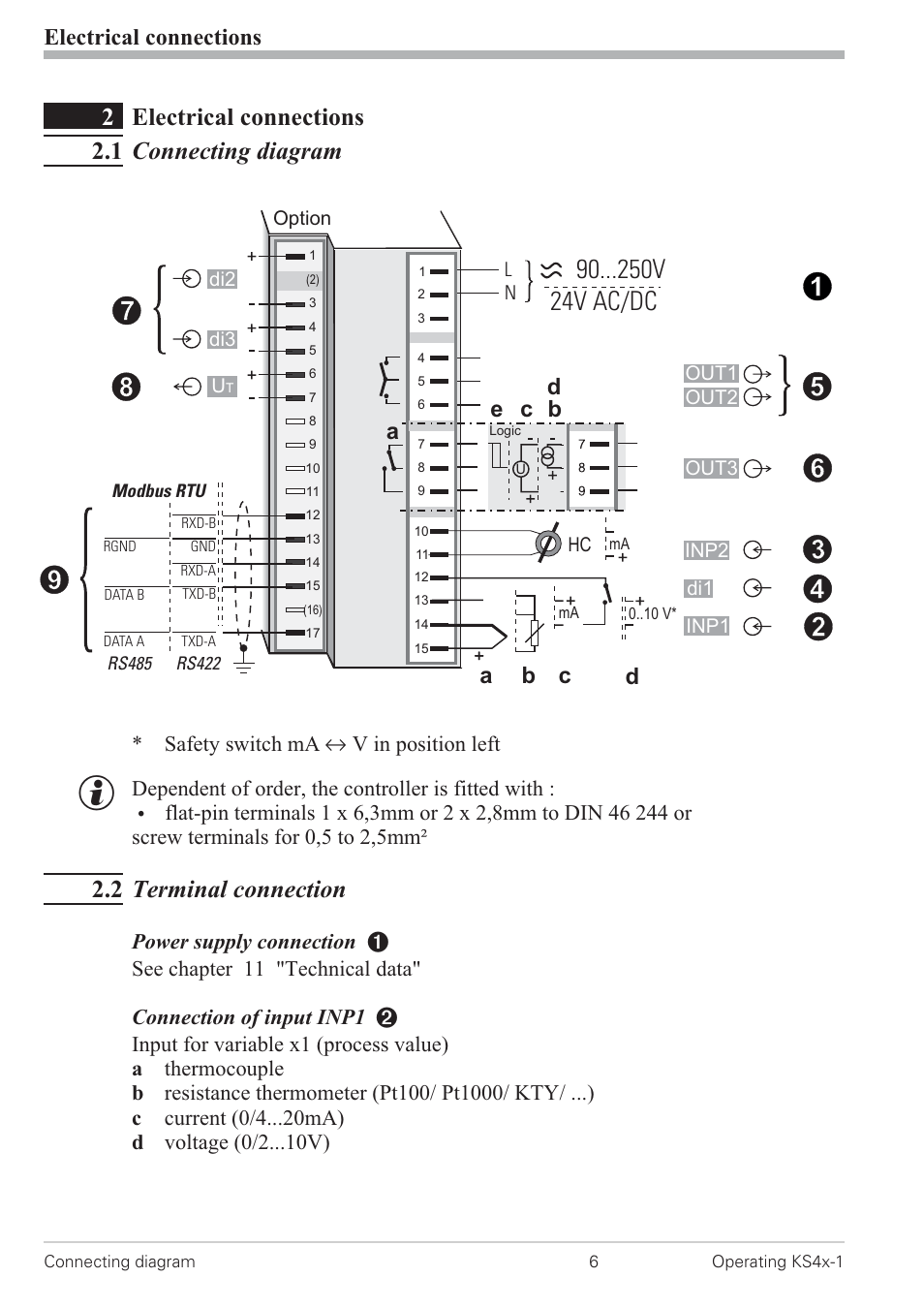 2 electrical connections 6, 1 connecting diagram 6, 2 terminal connection 6 | Connecting diagram 6, 90 v 24v ac/dc, 2electrical connections 2.1 connecting diagram, 2 terminal connection, Electrical connections, Safety switch ma i v in position left | West Control Solutions KS 42-1 User Manual | Page 6 / 60