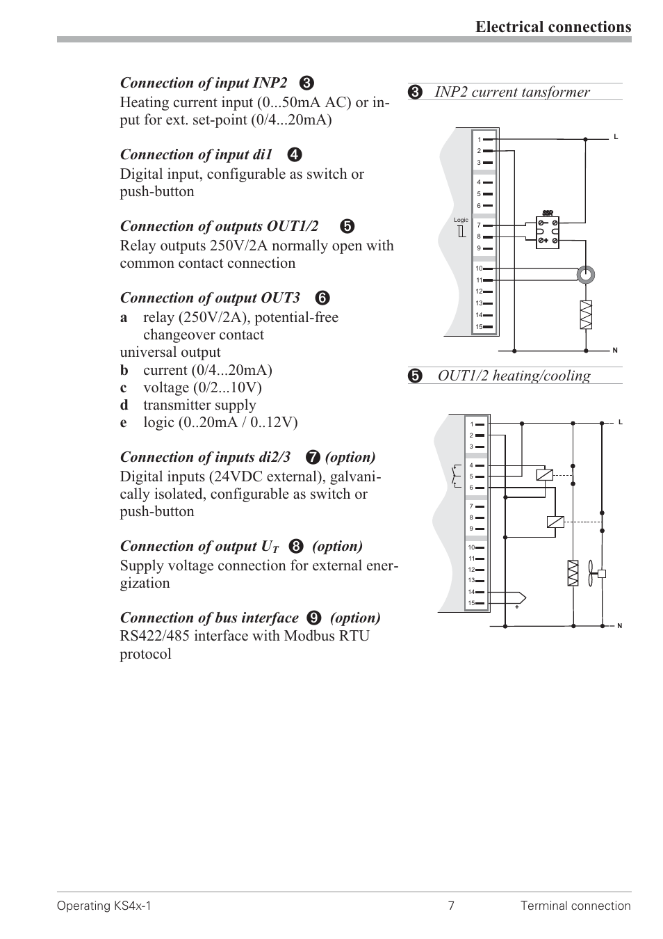 Inp2 current transformer 7, Out1/2 heating/cooling 7, Electrical connections | 5 out1/2 heating/cooling, 3 inp2 current tansformer | West Control Solutions KS 42-1 User Manual | Page 7 / 60