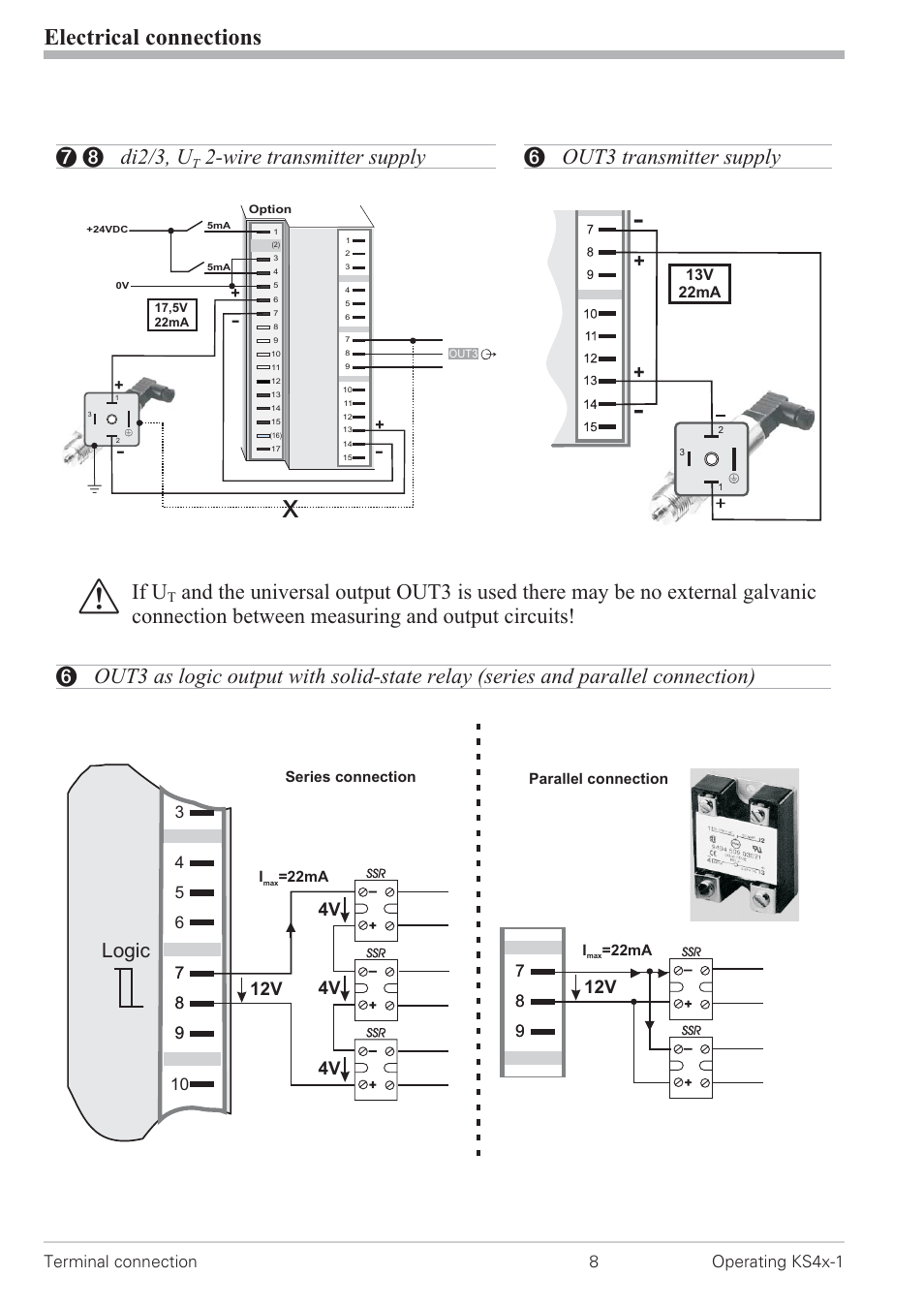 Di2/3, 2-wire transmitter supply 8, Out3 as logic output 8, Out3 transmitter supply 8 | Electrical connections, If u, 6 out3 transmitter supply, 7 8 di2/3, u, Wire transmitter supply, Logic, 4v 12v | West Control Solutions KS 42-1 User Manual | Page 8 / 60