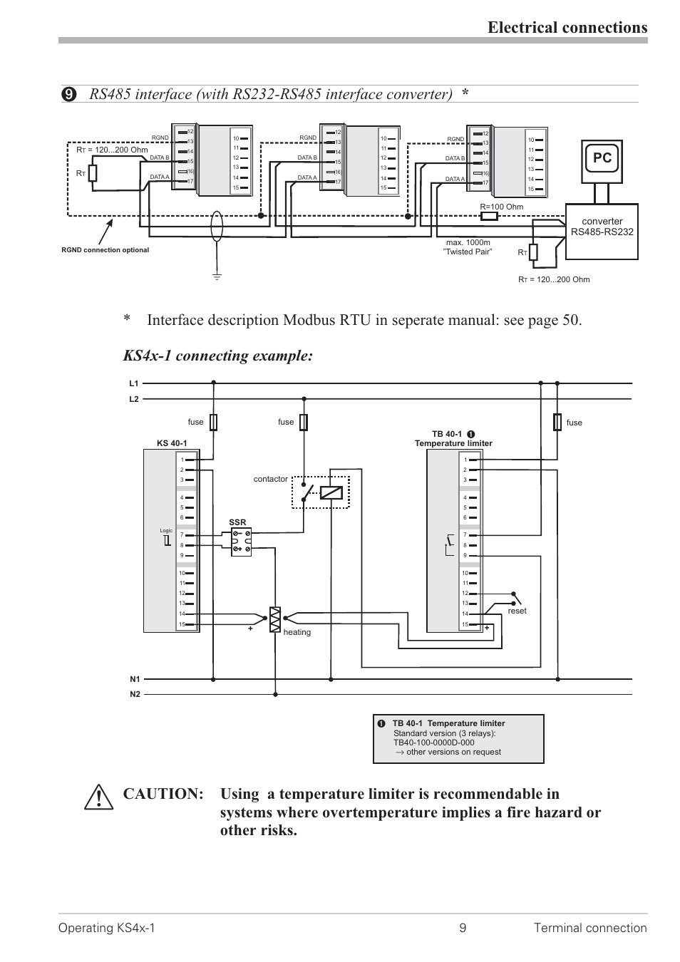 Rs485 interface 9, Electrical connections, Operating ks4x-1 9 terminal connection | West Control Solutions KS 42-1 User Manual | Page 9 / 60