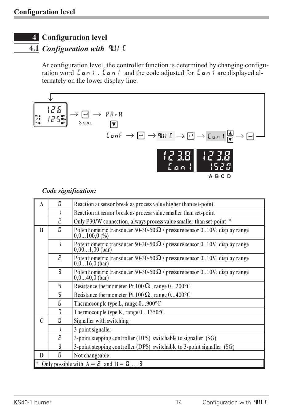 4 configuration level 14, 1 configuration with quic 14, Configuration with quic 14 - 17 | Quic codes 14, Con1, R ù r, Rr ù r, 4configuration level 4.1 configuration with quic | West Control Solutions KS 40-1 Burner User Manual | Page 14 / 40