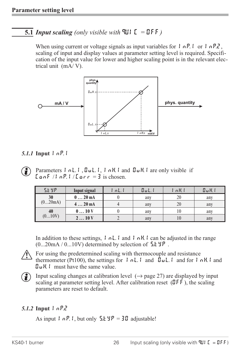 1 input scaling (only visible with quic = off) 26, Input scaling 26, 1 input scaling (only visible with quic = off) | Parameter setting level | West Control Solutions KS 40-1 Burner User Manual | Page 26 / 40